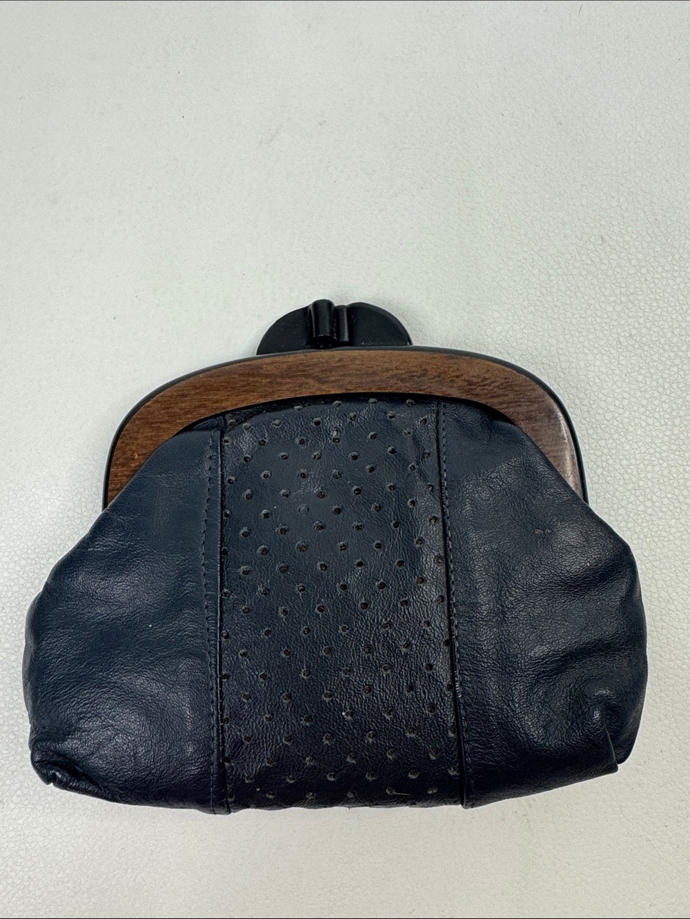 Vintage Black Leather Frame Clasp Wristlet coin purse with Wood Accent